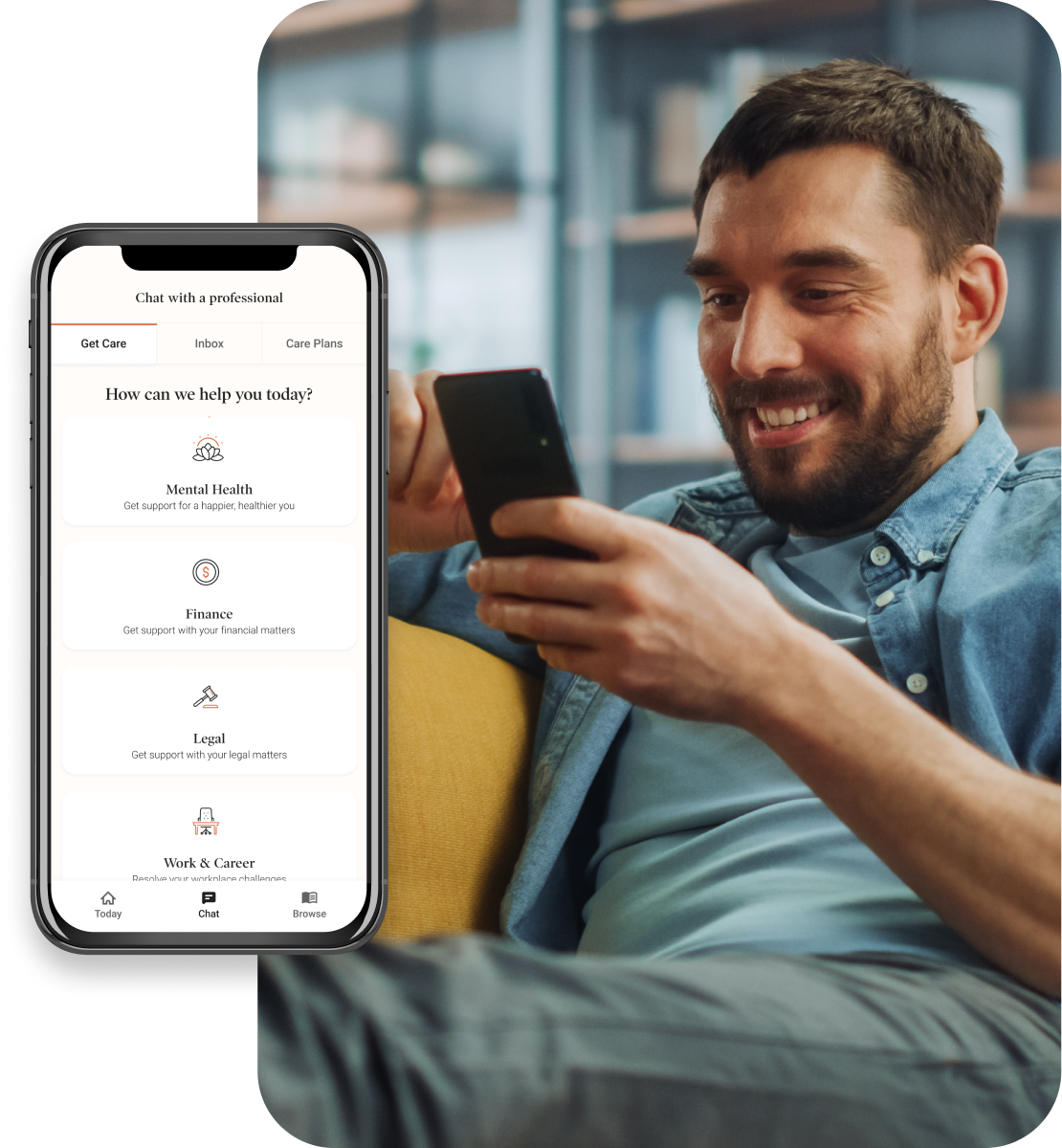 A man sitting on a couch smiles while looking at his phone. The phone screen shows the Dialogue app with the EAP program showing support options for mental health, finance, legal, and work and career.